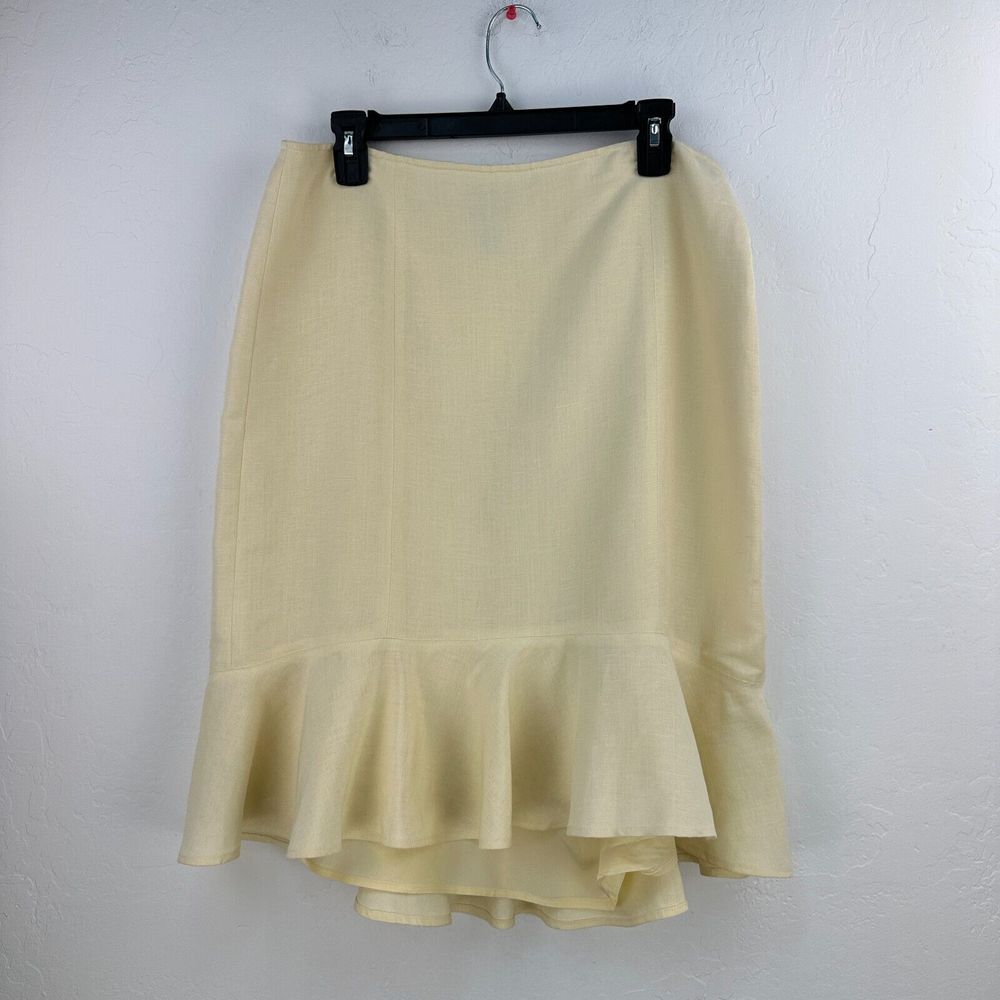 Ann Taylor Loft Straight Skirt Womens 12 Yellow Tiered Ruffle Lined Linen Blend